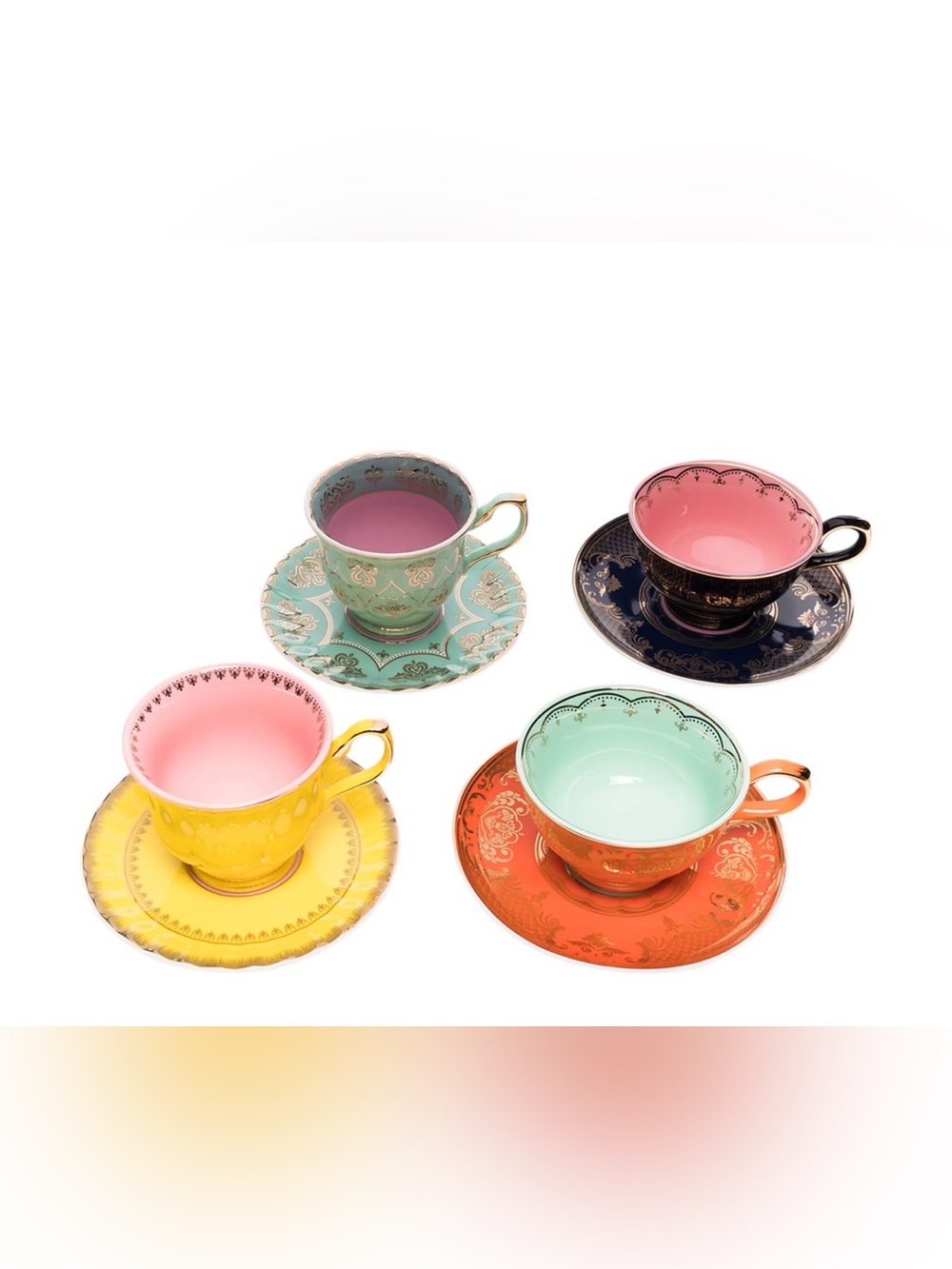 NWT $182 Polspotten Ceramic Grandpa Tea Cups with Saucers Set Of 4x Multicolor